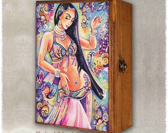 Belly dancer woman print on natural wooden box, exotic dance costume, treasure memories trinket chest