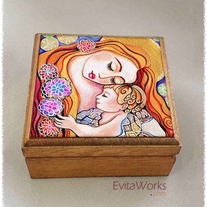 Madonna and Child print on natural wooden box, modern Christian art, Catholic home altar, treasure memories trinket chest image 1