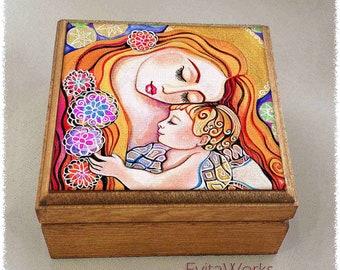 Madonna and Child print on natural wooden box, modern Christian art, Catholic home altar, treasure memories trinket chest