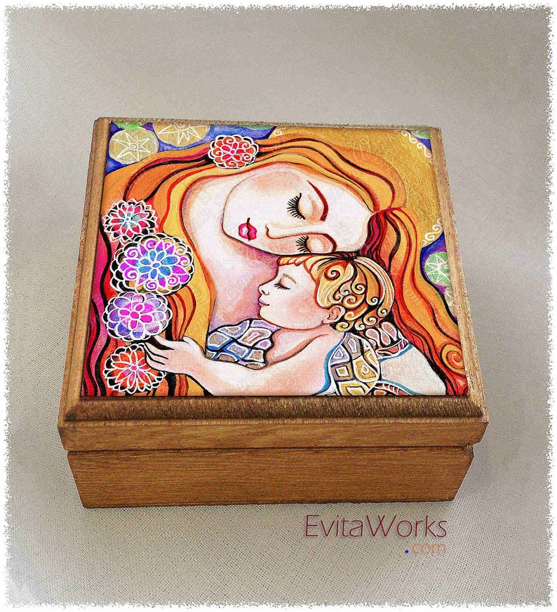 Madonna and Child print on natural wooden box, modern Christian art, Catholic home altar, treasure memories trinket chest image 1