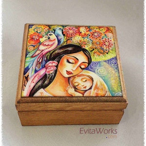Mother loving child print on natural wooden box, spiritual maternity, modern Christian art, treasure memories trinket chest image 1