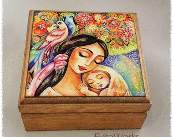 Mother loving child print on natural wooden box, spiritual maternity, modern Christian art, treasure memories trinket chest