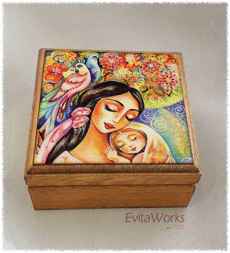 Mother loving child print on natural wooden box, spiritual maternity, modern Christian art, treasure memories trinket chest image 1