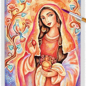 May include: A painting of a woman with long dark hair wearing a pink and orange robe. She is holding a red egg in one hand and a brown jug in the other. The background is a colorful floral design with a blue bird.
