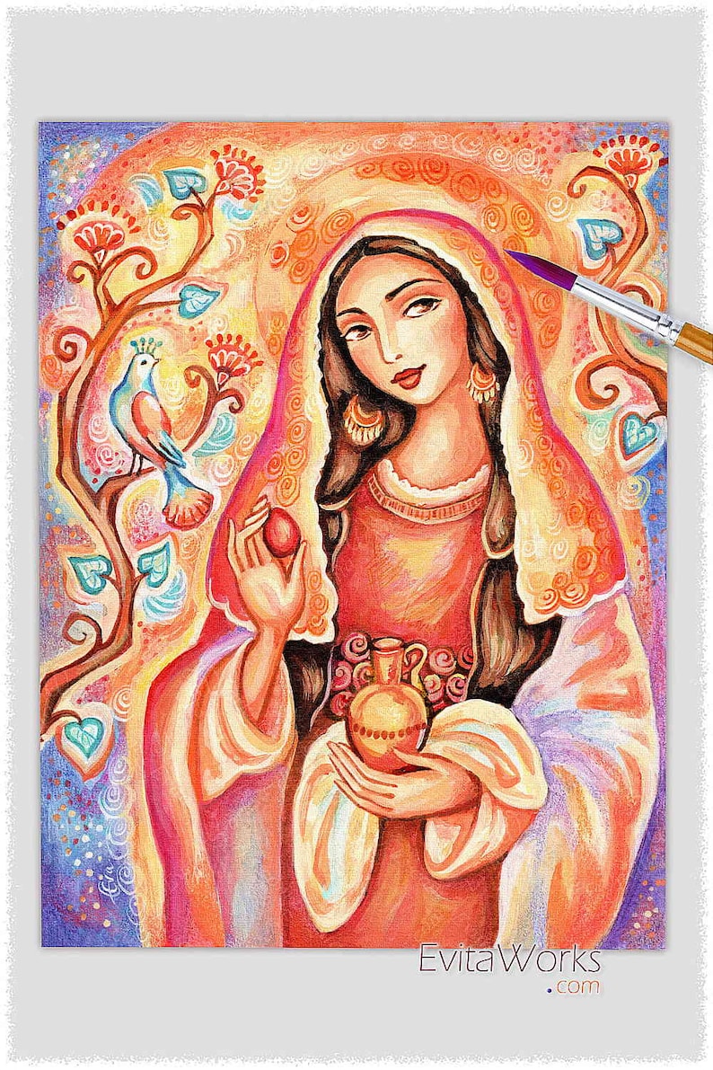 May include: A painting of a woman with long dark hair wearing a pink and orange robe. She is holding a red egg in one hand and a brown jug in the other. The background is a colorful floral design with a blue bird.