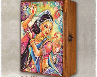 Indian dancer woman print on natural wooden box, henna tattoo, Mudra hands, treasure memories trinket chest