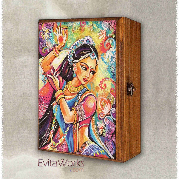 Indian dancer woman print on natural wooden box, henna tattoo, Mudra hands, treasure memories trinket chest