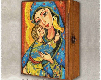 Blessed Mother Mary and Jesus child of God icon print on natural wooden box, modern Christian art, rosary treasure memories trinket chest