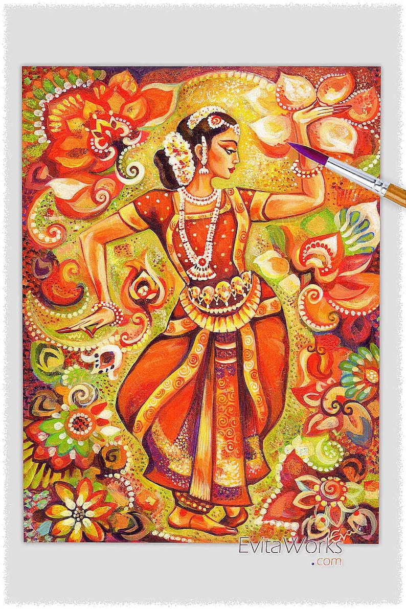 Indian classic dancer artwork, Bharatanatyam, hands henna woman sari dress image 1