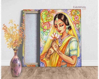 East woman praying on canvas, lotus flower mudra, divine feminine