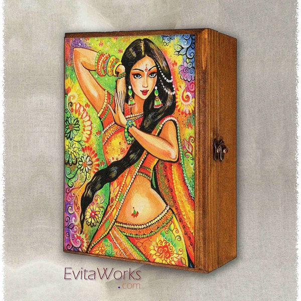 Indian dancer woman print on natural wooden box, Bollywood dancing, treasure memories trinket chest