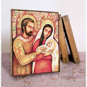 Sacra Famiglia, presepe, stampa su icona a blocco di legno naturale, è nato un Salvatore, altare domestico cattolico, amore del padre, Giuseppe Maria Gesù