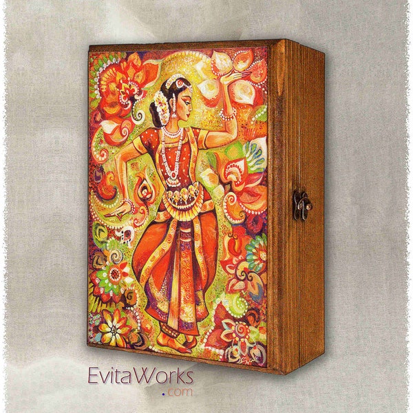 Indian classic dancer print on natural wooden box, Bharatanatyam, hands henna woman sari dress, treasure memories trinket chest