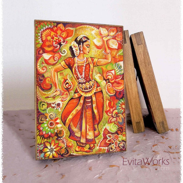 Indian classic dancer print on natural wooden block, Bharatanatyam, hands henna woman sari dress