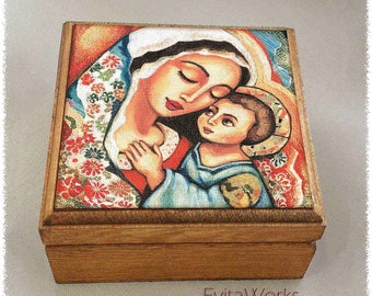Blessed Mother, Mary and Jesus, child of God print on natural wooden box, modern Christian art, rosary treasure memories trinket chest