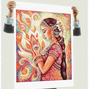 East woman praying artwork, henna tattoo mudra, divine feminine image 3