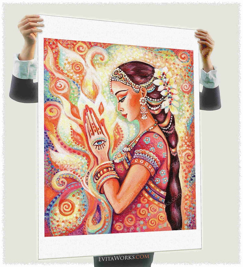 East woman praying artwork, henna tattoo mudra, divine feminine image 3