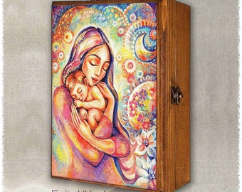 Young mother's love print on natural wooden box, modern Christian art, treasure memories trinket chest