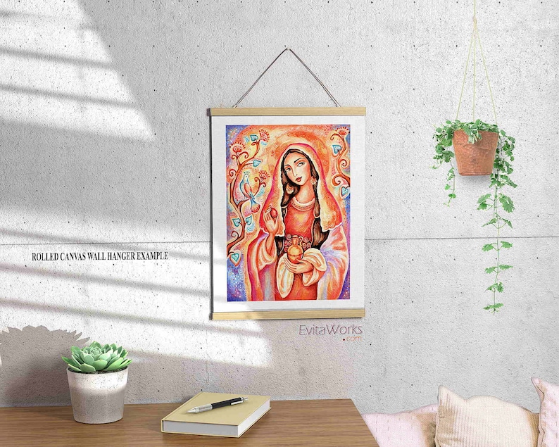 May include: A colorful painting of a woman in a red dress and a white veil, holding a golden chalice. The painting is set against a background of flowers and vines. The artist's signature, "EvitaWorks.com", is in the bottom right corner.