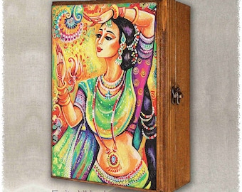 Indian dancer woman print on natural wooden box, henna tattoo, Mudra hands, treasure memories trinket chest