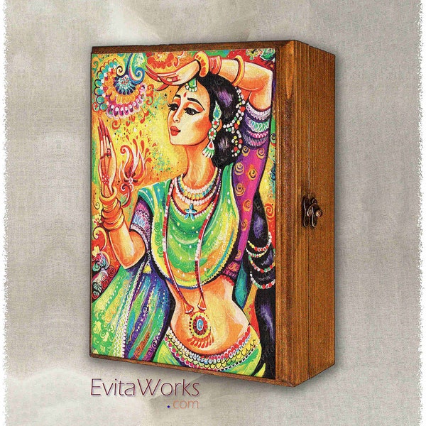 Indian dancer woman print on natural wooden box, henna tattoo, Mudra hands, treasure memories trinket chest