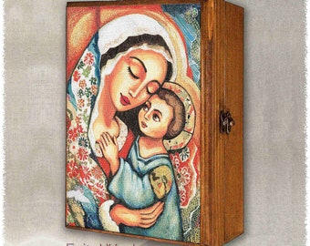 Blessed Mother, Mary and Jesus, child of God icon print on natural wooden box, modern Christian art, rosary treasure memories trinket chest