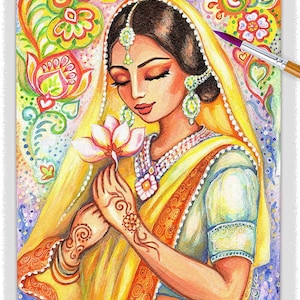 East woman praying artwork, lotus flower mudra, divine feminine
