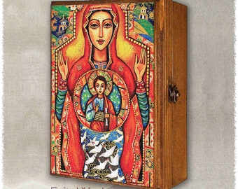 Blessed Mother Mary and Jesus child of God icon print on natural wooden box, modern Christian art, rosary treasure memories trinket chest