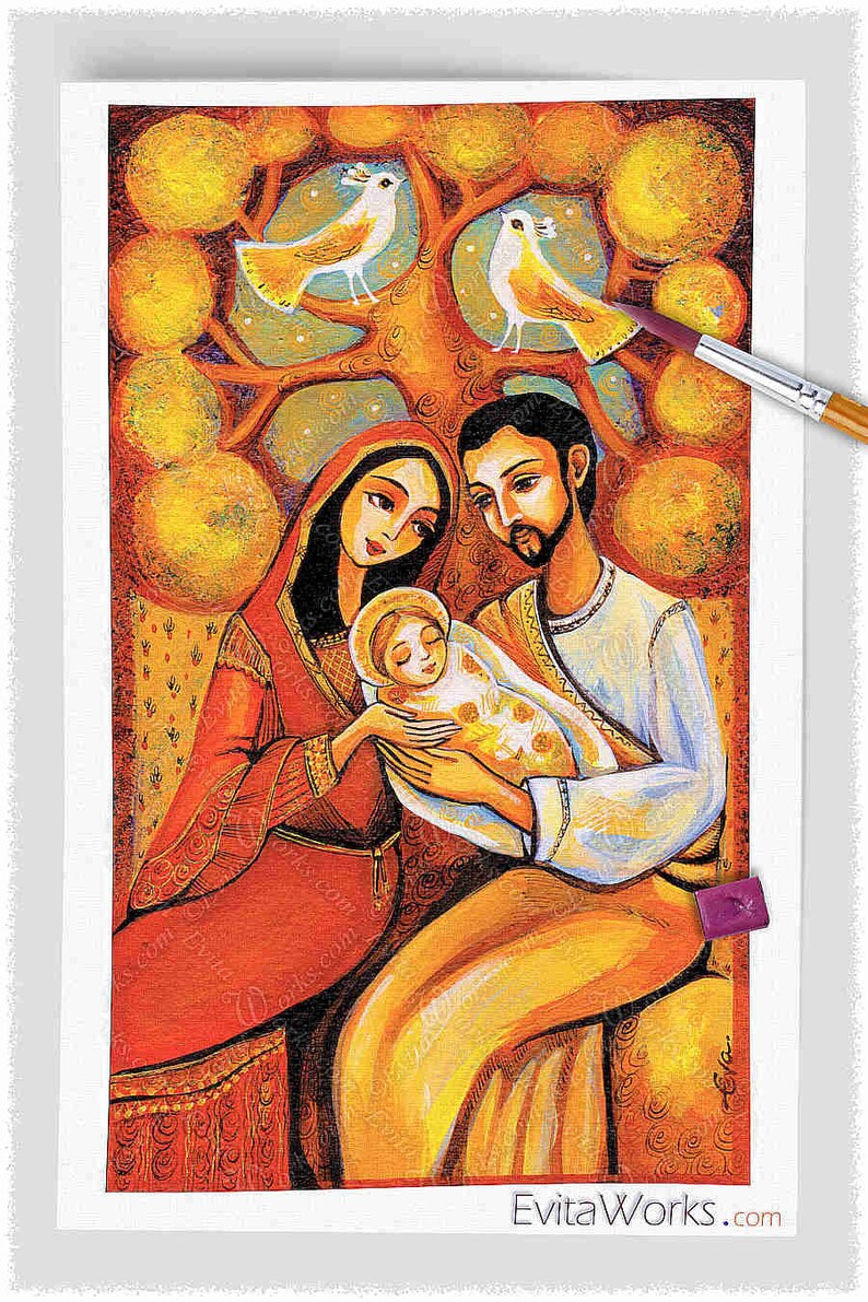 Holy Family, Nativity scene icon print on natural wooden box, a Savior is Born, Manger scene, Catholic home altar, blessed fathers love image 2