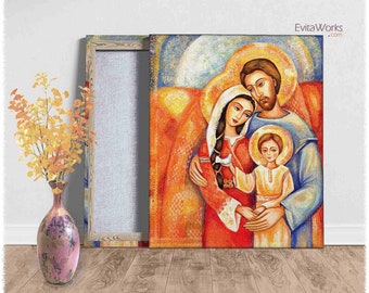 Sagrada Familia, Belén, icono de lienzo, Nace un Salvador, altar casero católico, amor de padres benditos, San José María Jesús