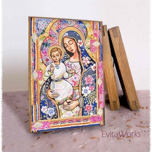 Panagia Eleousa, Mary and Jesus, child of God, print on natural wooden block icon, modern Christian art decor image 1