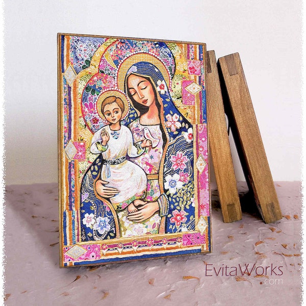 Panagia Eleousa, Mary and Jesus, child of God, print on natural wooden block icon, modern Christian art decor