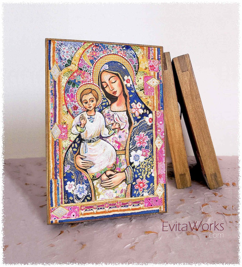 Panagia Eleousa, Mary and Jesus, child of God, print on natural wooden block icon, modern Christian art decor image 1