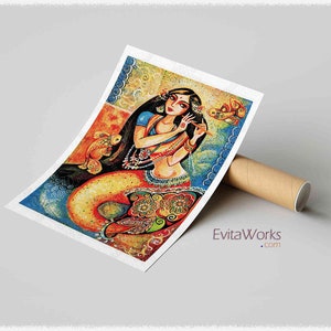 Indian dancer home decor artwork, Madhubani mermaid print image 4