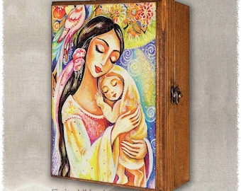 Mother loving child print on natural wooden box, spiritual maternity, modern Christian art, treasure memories trinket chest