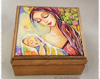 Mother loving child print on natural wooden box, spiritual maternity, modern Christian art, treasure memories trinket chest