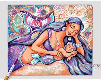 Mermaid Mother and Child, Ocean Nursery Wall Art – Art Print from Original Painting