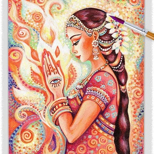 East woman praying artwork, henna tattoo mudra, divine feminine