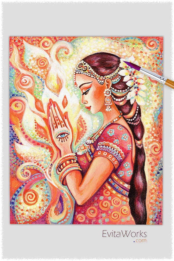 East woman praying artwork, henna tattoo mudra, divine feminine