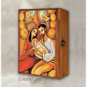 Holy Family, Nativity scene icon print on natural wooden box, a Savior is Born, Manger scene, Catholic home altar, blessed fathers love image 1
