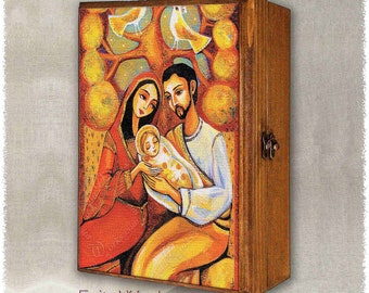 Holy Family, Nativity scene icon print on natural wooden box, a Savior is Born, Manger scene, Catholic home altar, blessed fathers love