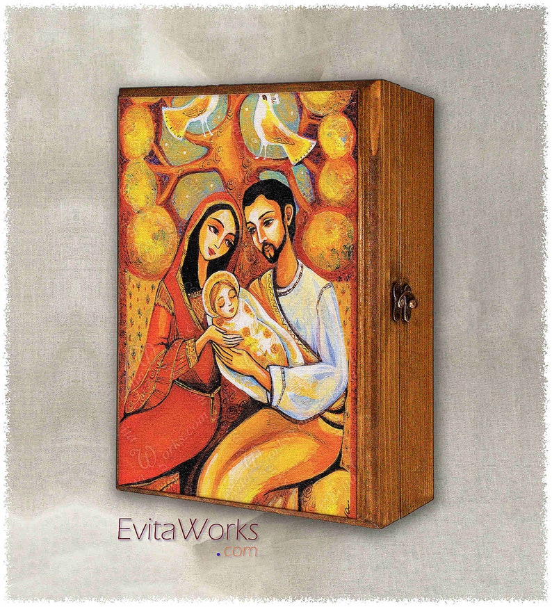 Holy Family, Nativity scene icon print on natural wooden box, a Savior is Born, Manger scene, Catholic home altar, blessed fathers love image 1