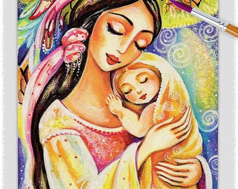 Mother loving child artwork, spiritual maternity, mother's love print