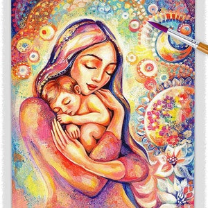 Opera d'arte sull'amore di una giovane madre, stampa di madre e bambino, arte della maternità