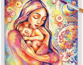 Young mother's love artwork, Mother and baby print, Motherhood art