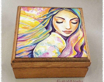 Silent angel blessing print on natural wooden box, angel wings decor, spiritual painting, treasure memories trinket chest