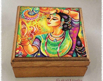 Indian dancer woman print on natural wooden box, henna tattoo, Mudra hands, treasure memories trinket chest