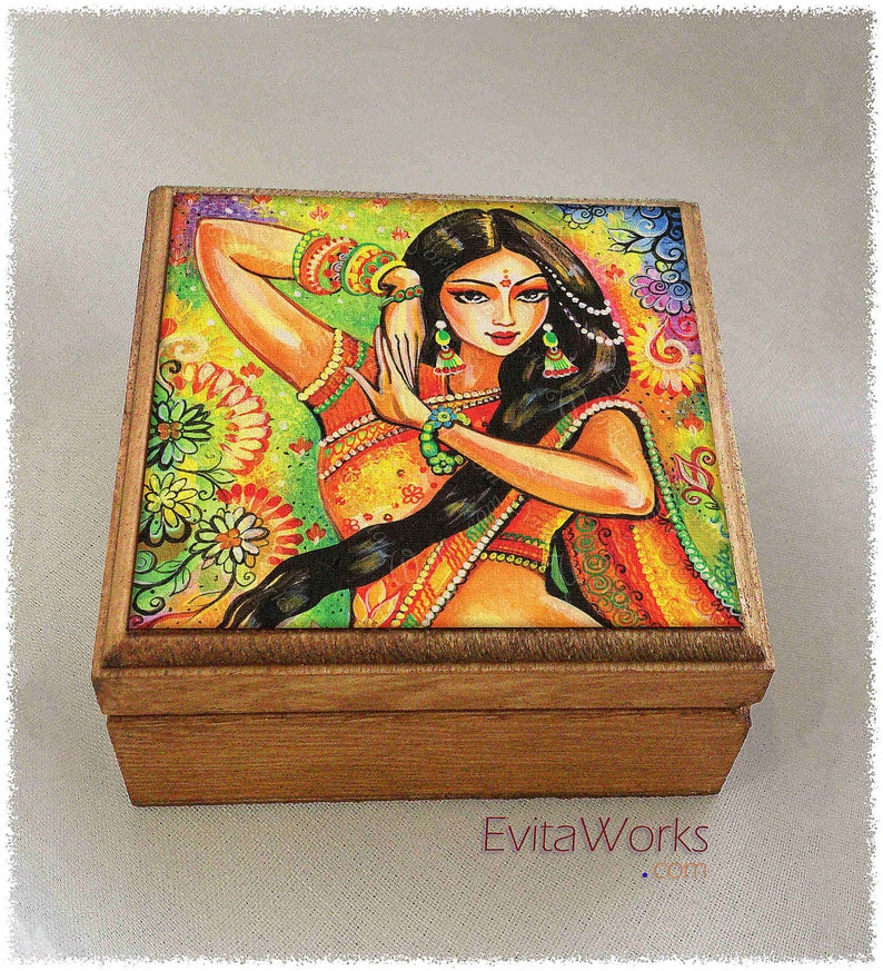Indian dancer woman print on natural wooden box, Bollywood dancing, treasure memories trinket chest image 1