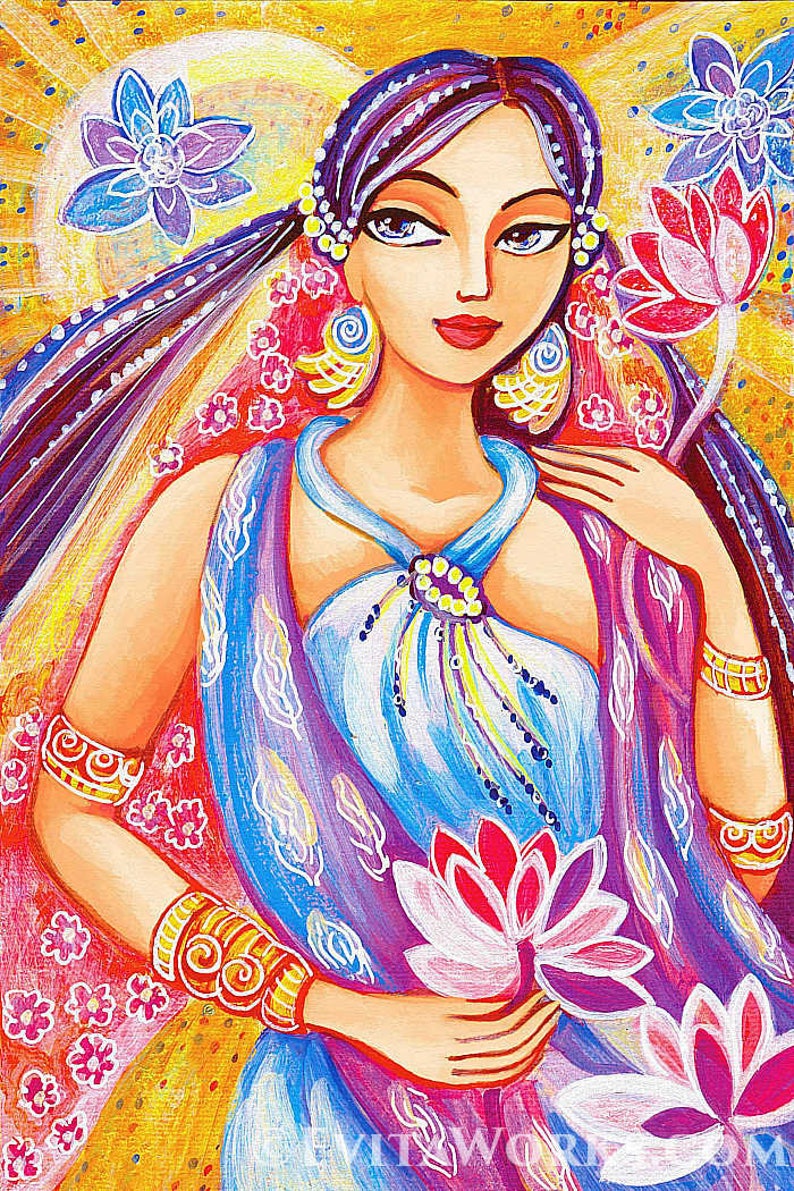 Indian art Indian woman painting Lotus art goddess art image 0