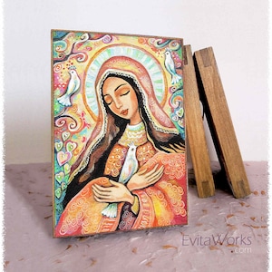 The Prayer of Blessed Mother Mary, print on natural wooden block icon, modern Christian art decor image 1